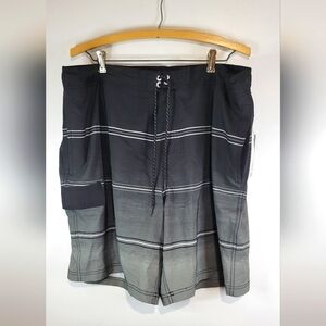 George Mens Black Gray Striped Drawstring Waist Swimwear Board Shorts Sz Xlarge.